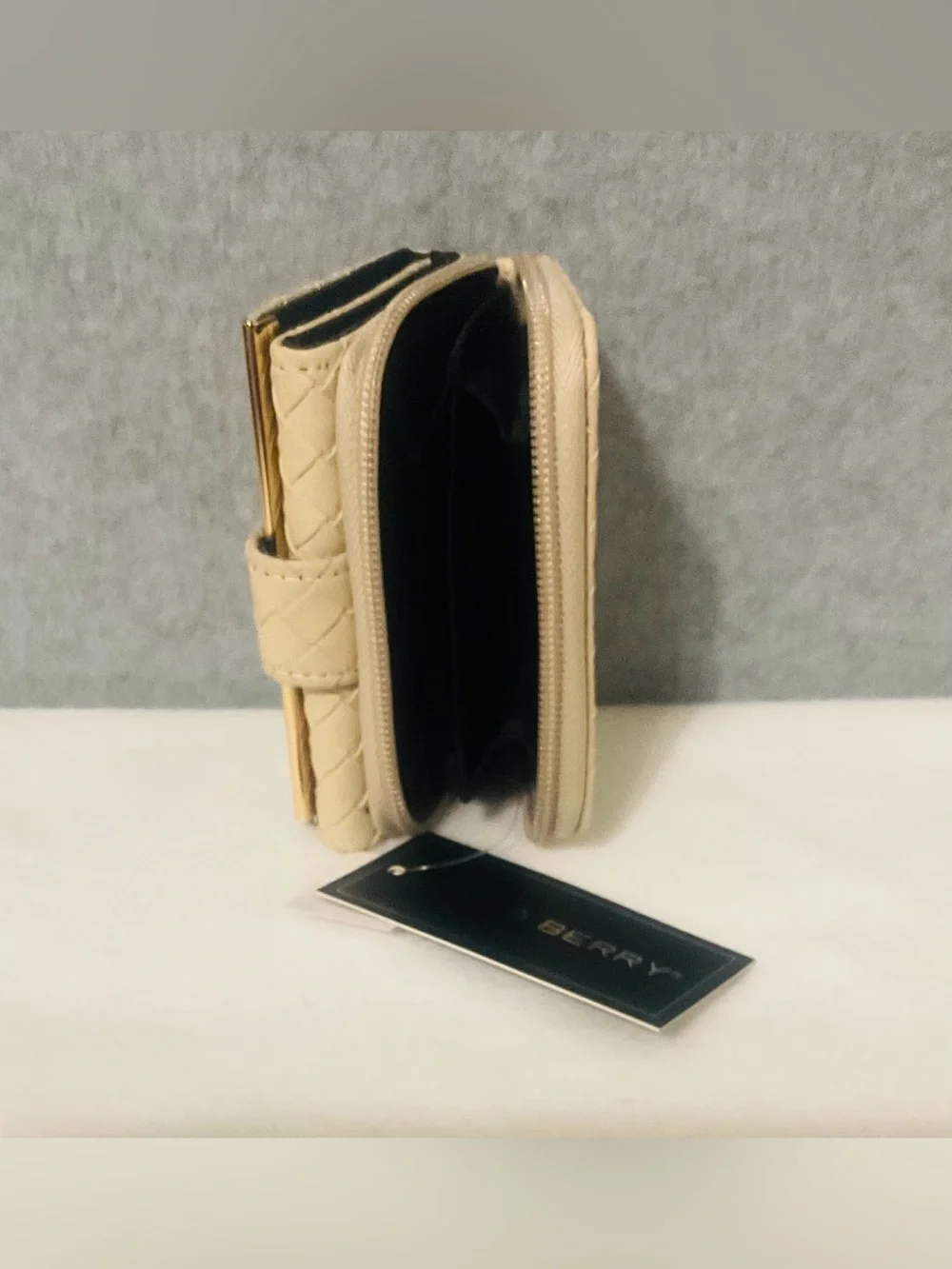 Jane & Barry Quilted Beige Compact Wallet with Gold Accent